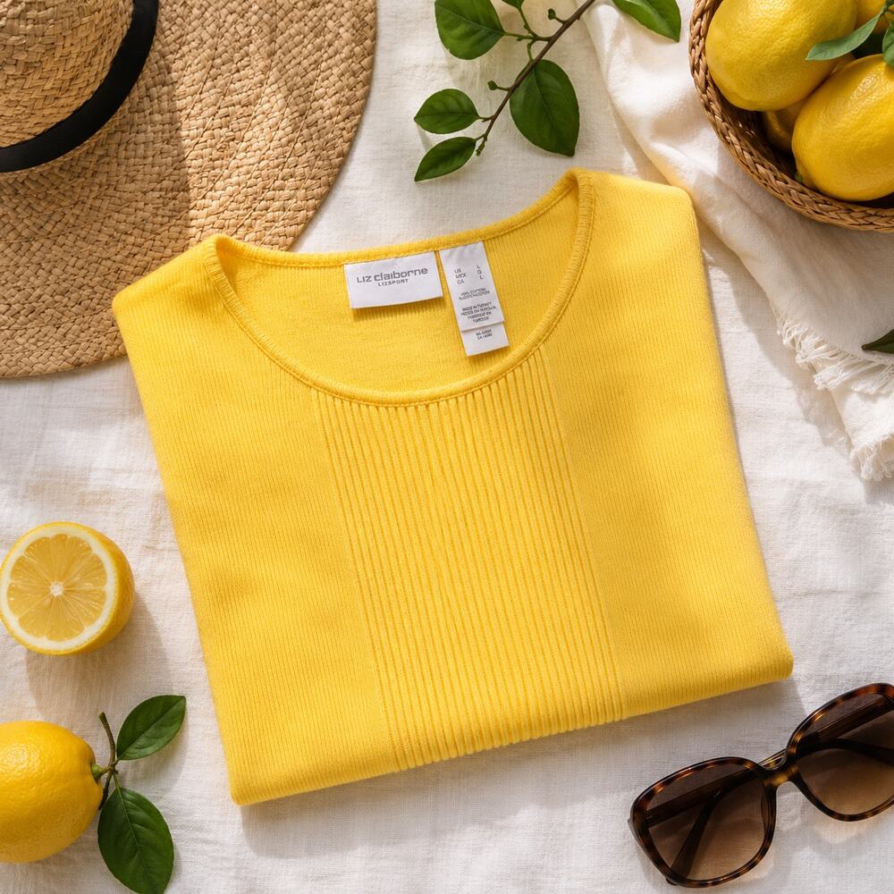 Liz Claiborne LizSport Yellow Ribbed Knit Short Sleeve Top Women's Large